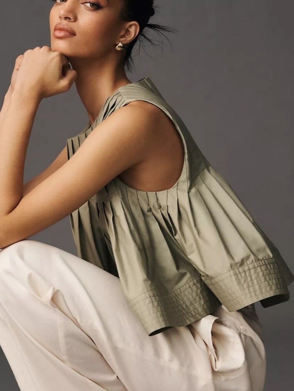 Anthropologie Olive Green Pleated Sleeveless Top